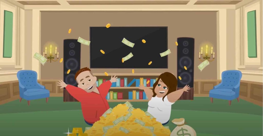 animation of two people throwing money into the air 